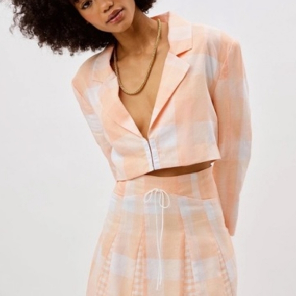 NWT For Love & Lemons Eugenie Linen-Blend Crop Blazer Orange Sherbert Plaid - Picture 4 of 8